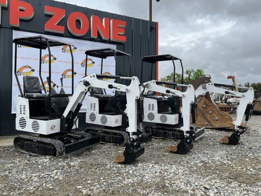 JPC KV12 mini excavator, front three-quarter view