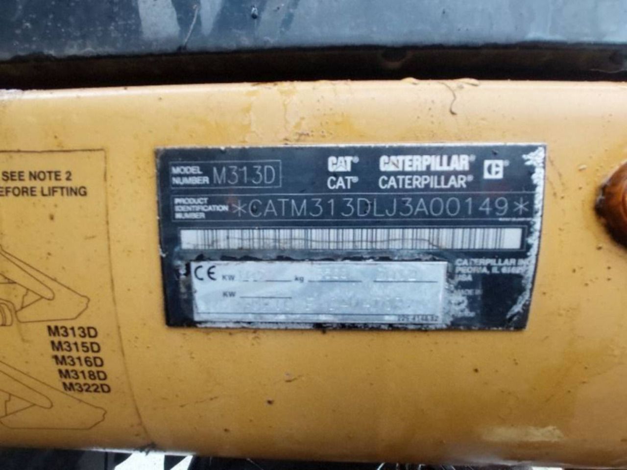 2012 Caterpillar M313D wheel excavator identification plate