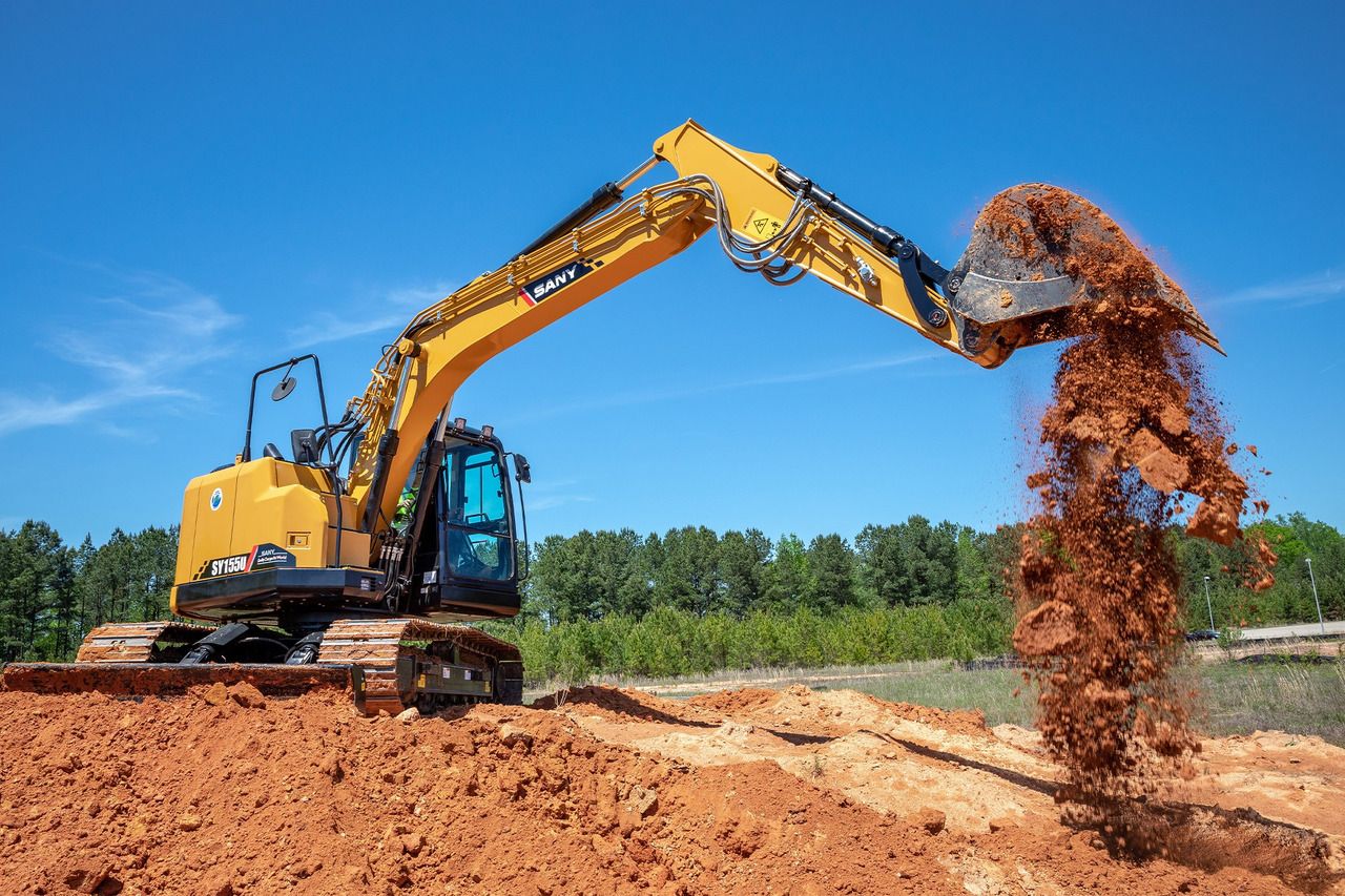Sany SY155U crawler excavator, side profile view