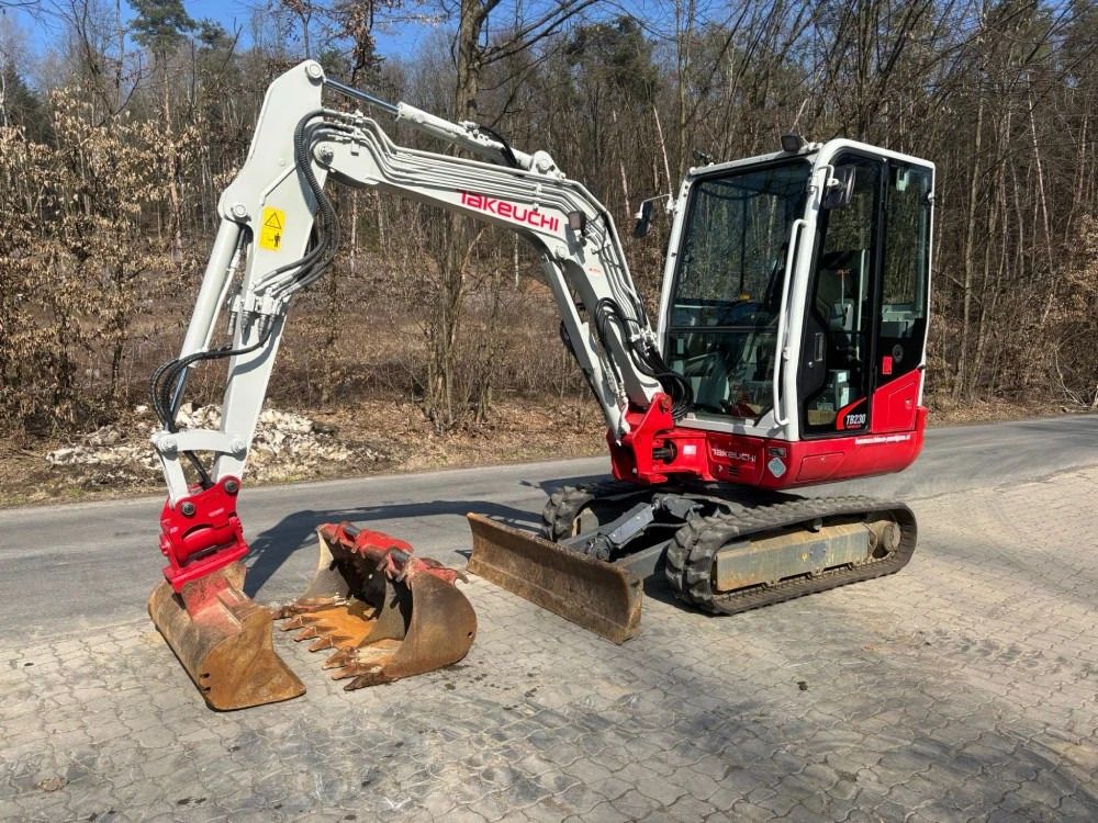 2019 Takeuchi TB230 mini excavator, front three-quarter view