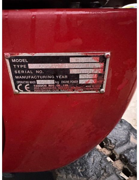 2017 Takeuchi TB240 mini excavator identification plate 2017 Takeuchi TB240 mini excavator identification plate