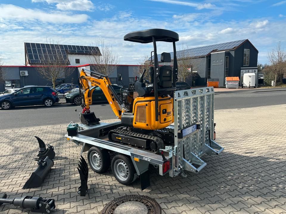 Berger Kraus BK1350JSR mini excavator on trailer, rear three-quarter view