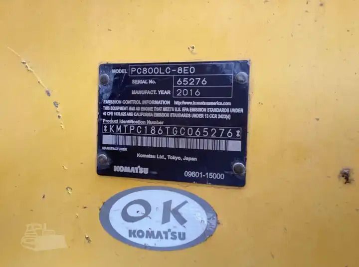 2019 Komatsu PC800LC-8E0 crawler excavator identification plate 2019 Komatsu PC800LC-8E0 crawler excavator identification plate