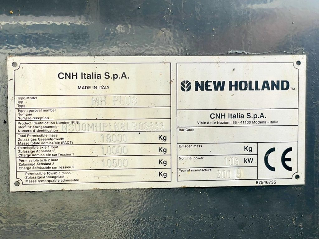 2009 New Holland MH-PLUS wheel excavator identification plate