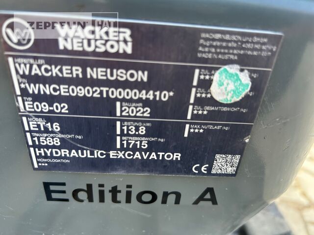 2022 Wacker Neuson ET16 mini excavator identification plate 2022 Wacker Neuson ET16 mini excavator identification plate