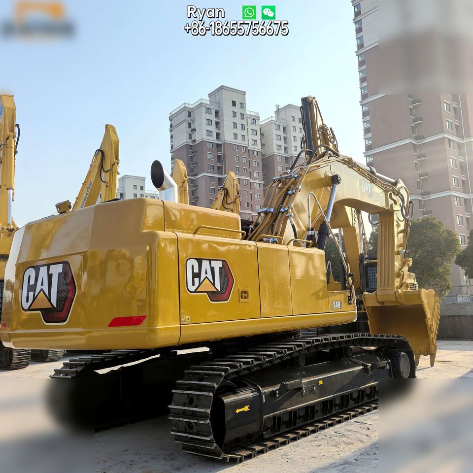 2019 Caterpillar 349D2 crawler excavator, rear three-quarter view