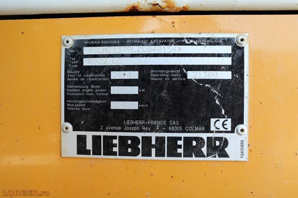 2014 Liebherr R922LC manufacturer identification plate 2014 Liebherr R922LC manufacturer identification plate