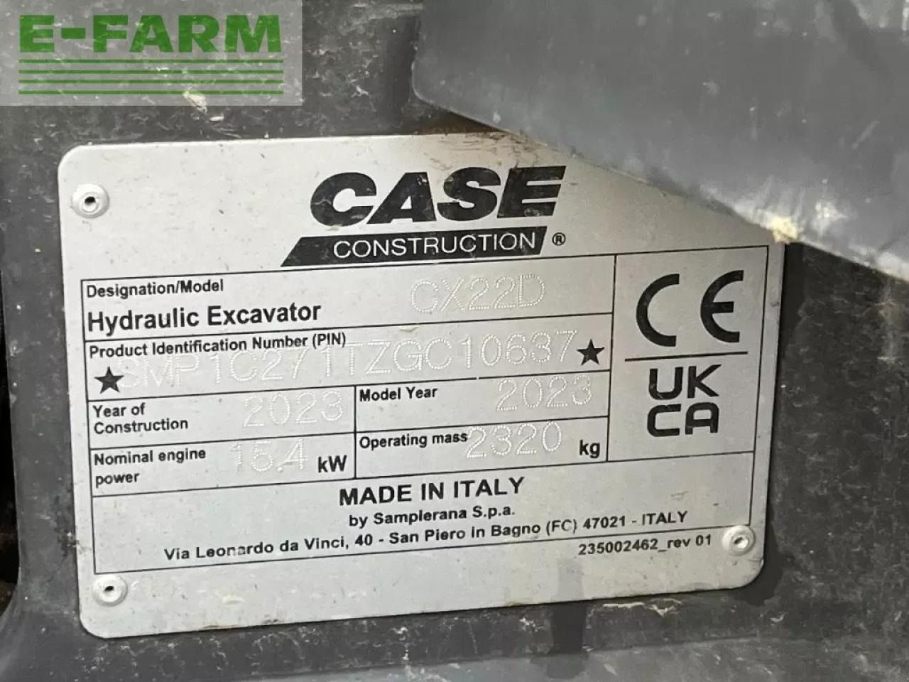 2023 CASE CX 22 D mini excavator identification plate 2023 CASE CX 22 D mini excavator identification plate