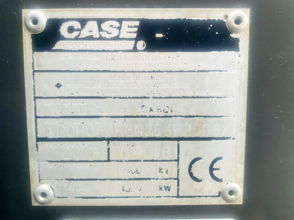 2018 CASE CX80C mini excavator identification plate 2018 CASE CX80C mini excavator identification plate