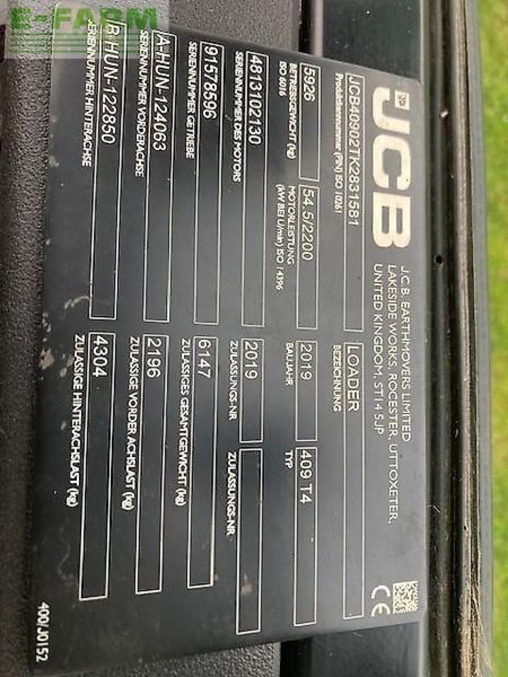 2019 JCB 409 manufacturer identification plate