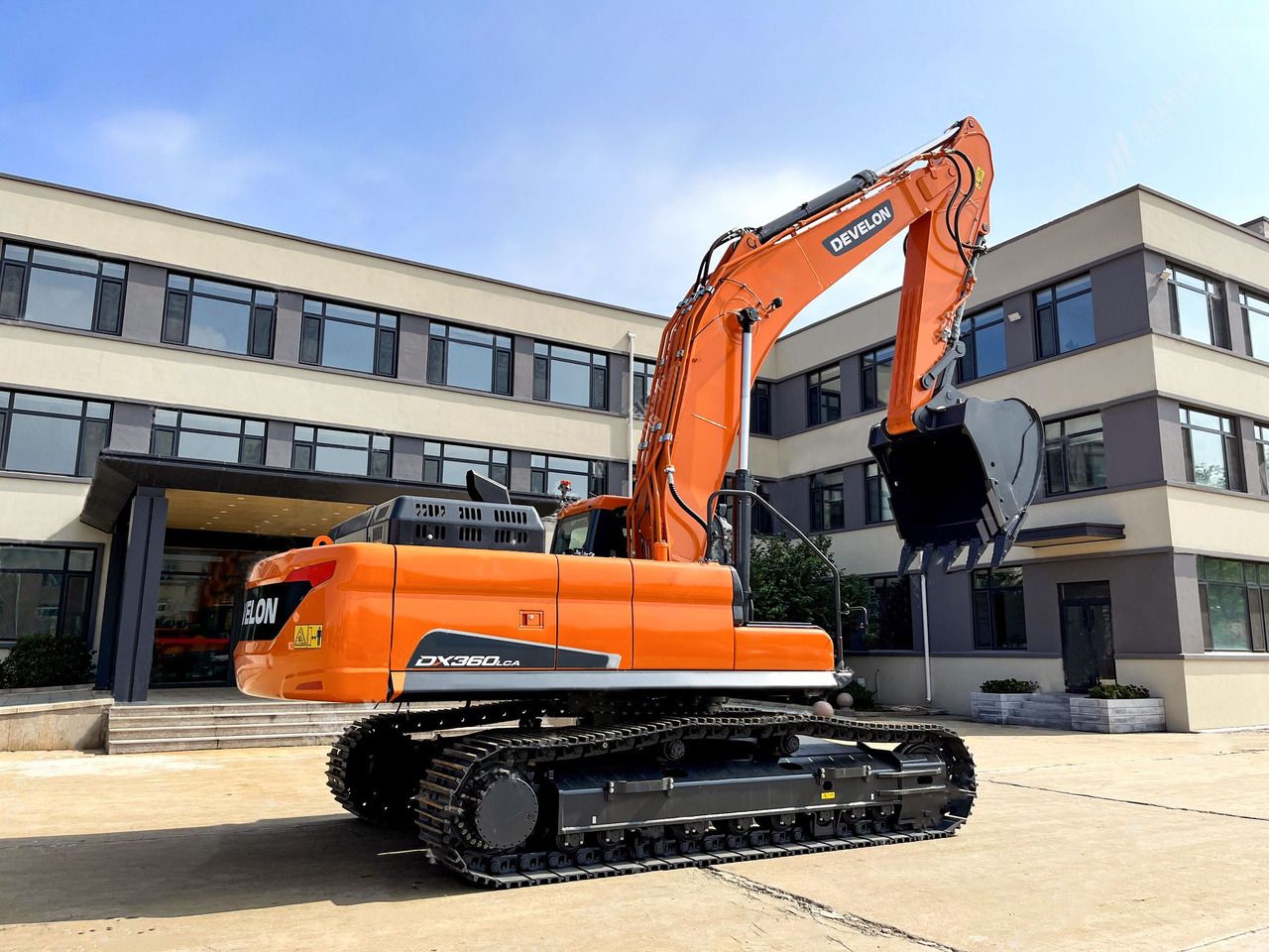 2026 Develon DX360LCA-7B crawler excavator, rear three-quarter view