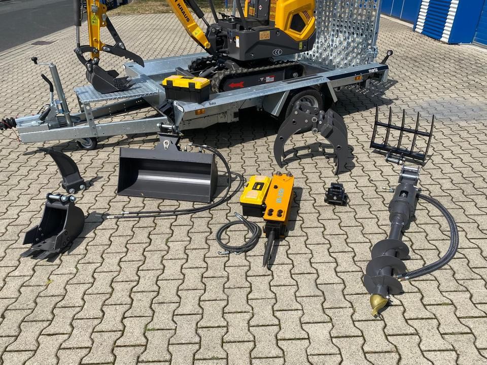 Berger Kraus BK1000JS mini excavator on trailer with attachments Berger Kraus BK1000JS mini excavator on trailer with attachments