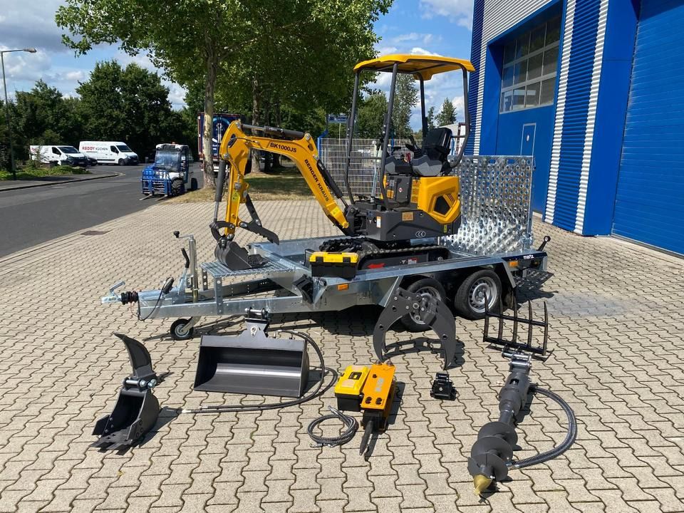 Berger Kraus BK1000JS mini excavator on trailer with attachments Berger Kraus BK1000JS mini excavator on trailer with attachments