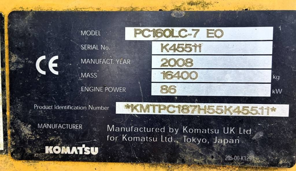 2008 Komatsu PC160LC-7 EO manufacturer identification plate 2008 Komatsu PC160LC-7 EO manufacturer identification plate