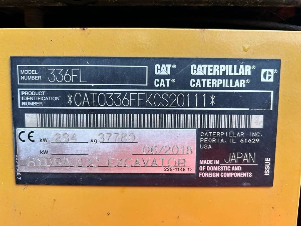 2018 Caterpillar 336FL identification plate 2018 Caterpillar 336FL identification plate