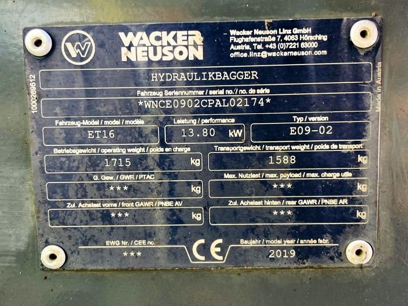 2019 Wacker Neuson ET16 identification plate