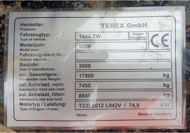 2008 Atlas 1404 ZW wheel excavator identification plate 2008 Atlas 1404 ZW wheel excavator identification plate