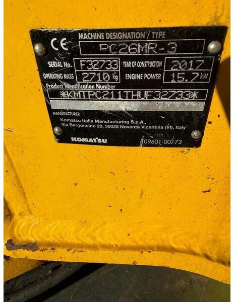 2017 Komatsu PC26MR-3 mini excavator identification plate 2017 Komatsu PC26MR-3 mini excavator identification plate