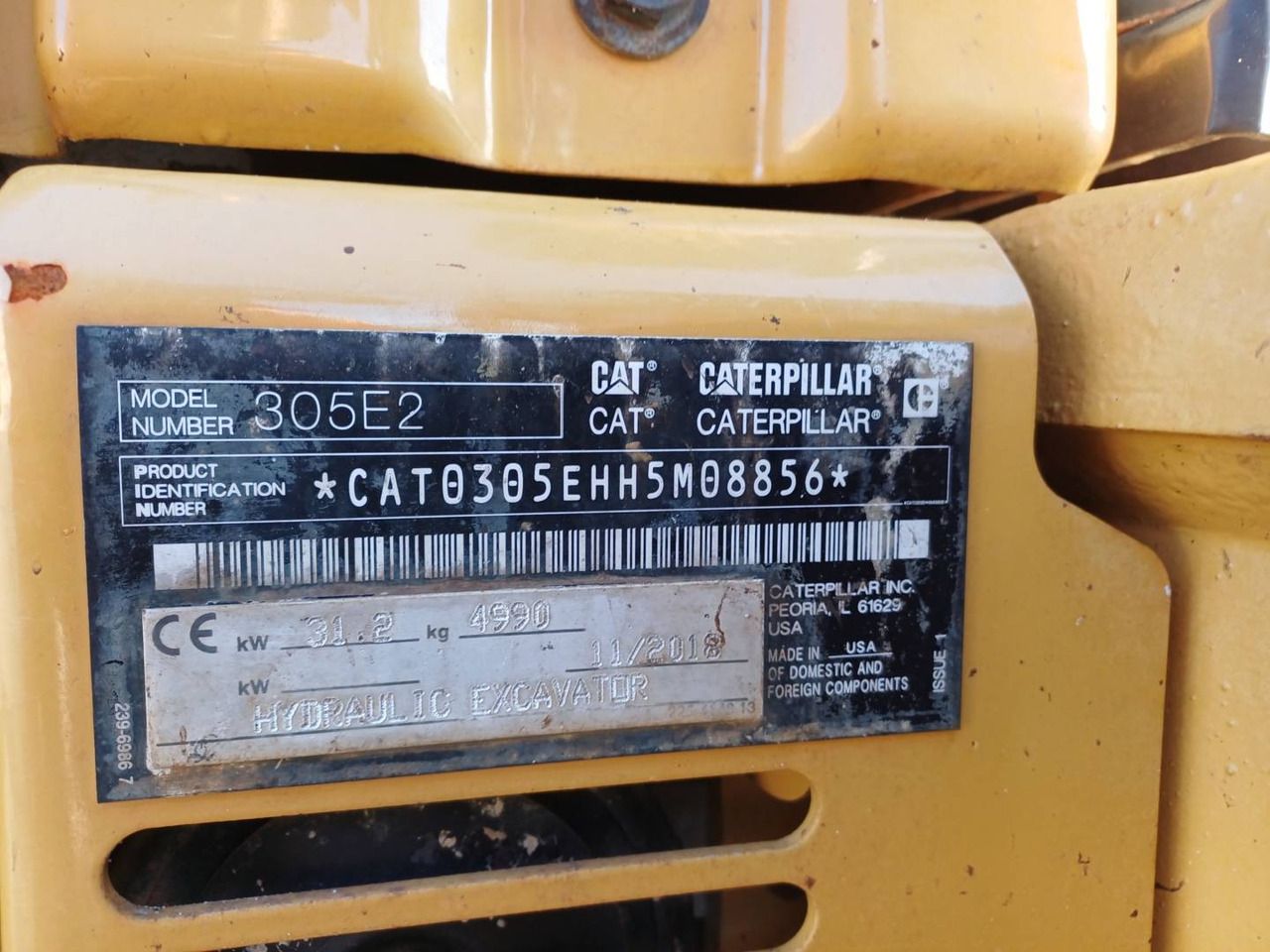 2018 Caterpillar 305E2 crawler excavator identification plate
