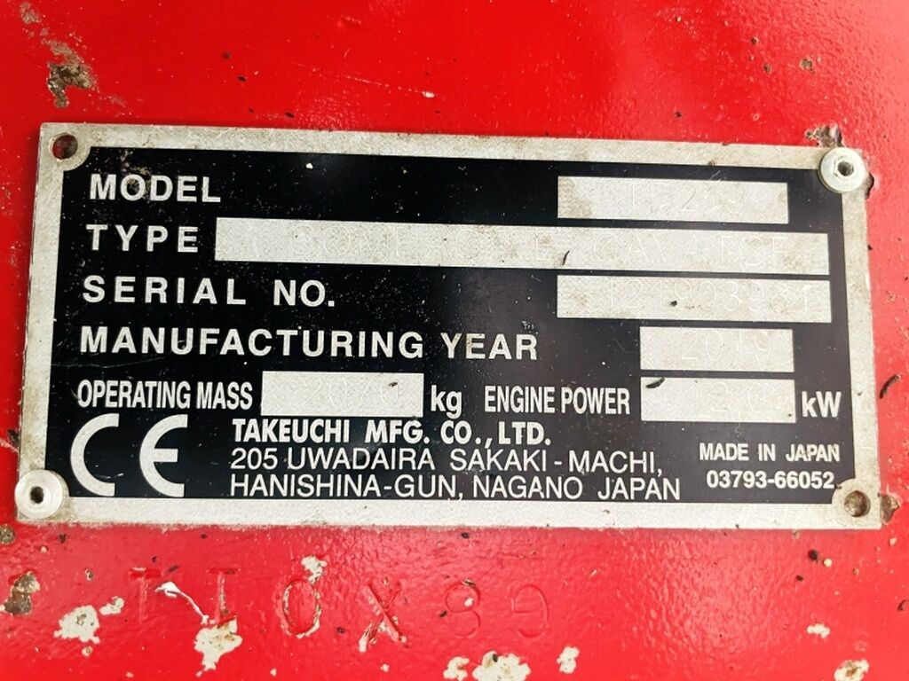 2019 Takeuchi TB219 manufacturer identification plate