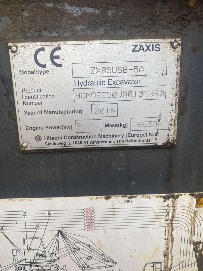 2016 Hitachi ZX85USB-5A crawler excavator identification plate 2016 Hitachi ZX85USB-5A crawler excavator identification plate