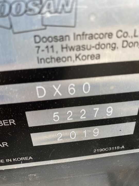 2018 Doosan DX60 crawler excavator identification plate 2018 Doosan DX60 crawler excavator identification plate