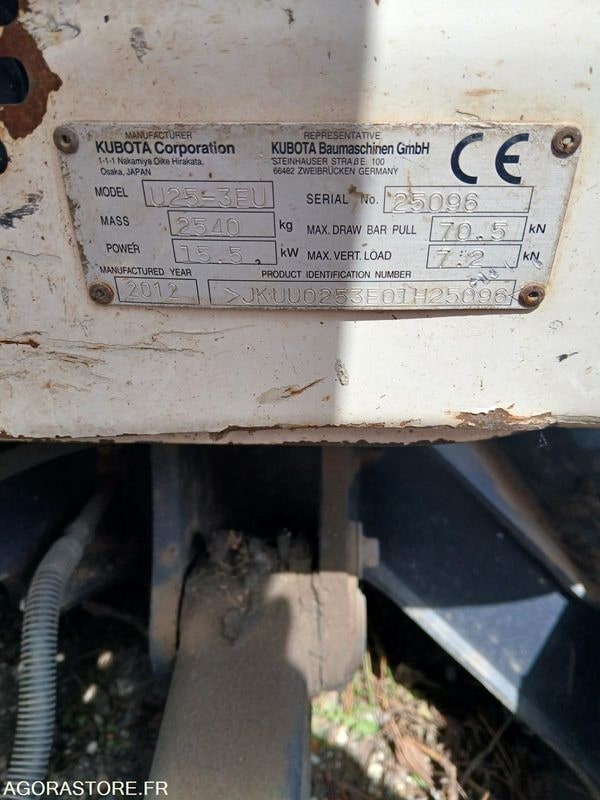 2012 Kubota U25-3EU mini excavator identification plate