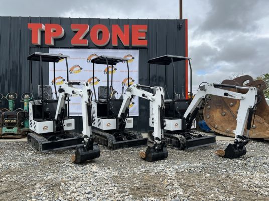 JPC KV12 mini excavator, front three-quarter view