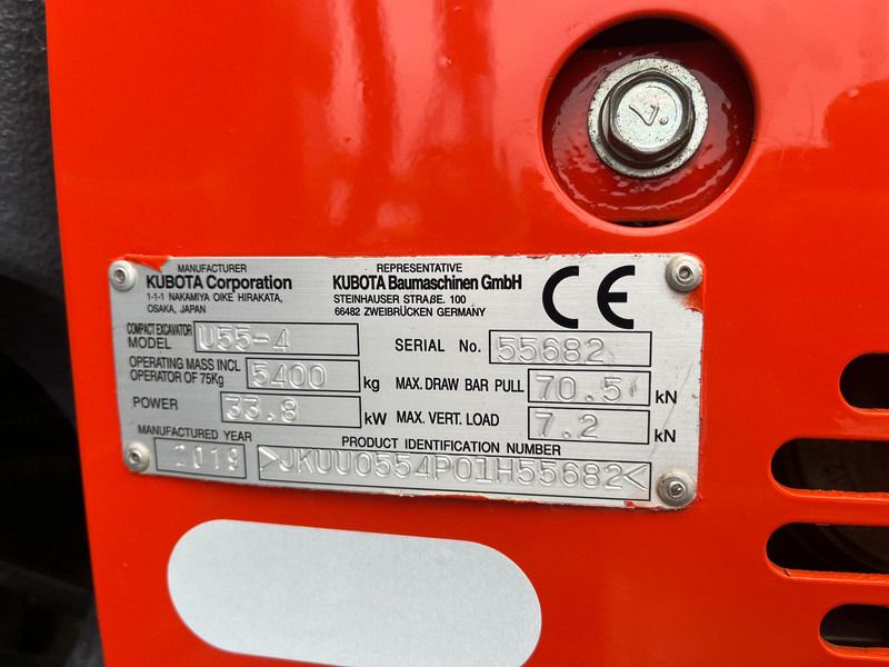 2019 Kubota U55-4 mini excavator identification plate 2019 Kubota U55-4 mini excavator identification plate
