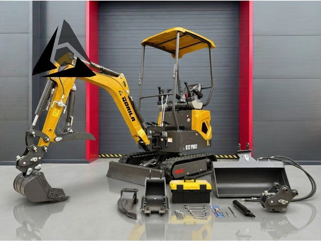 2026 Gorila G12 PRO2 mini excavator, side view with attachments 2026 Gorila G12 PRO2 mini excavator, side view with attachments