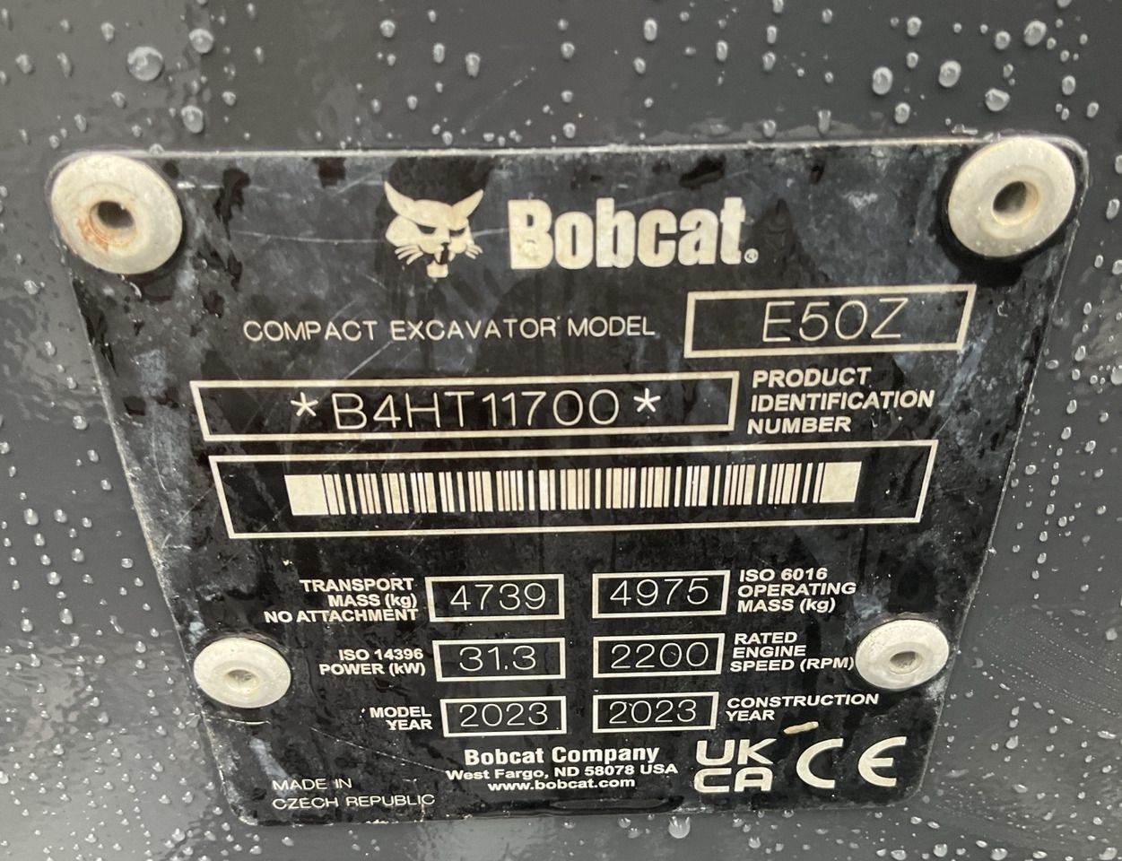 2023 Bobcat E50Z mini excavator identification plate 2023 Bobcat E50Z mini excavator identification plate
