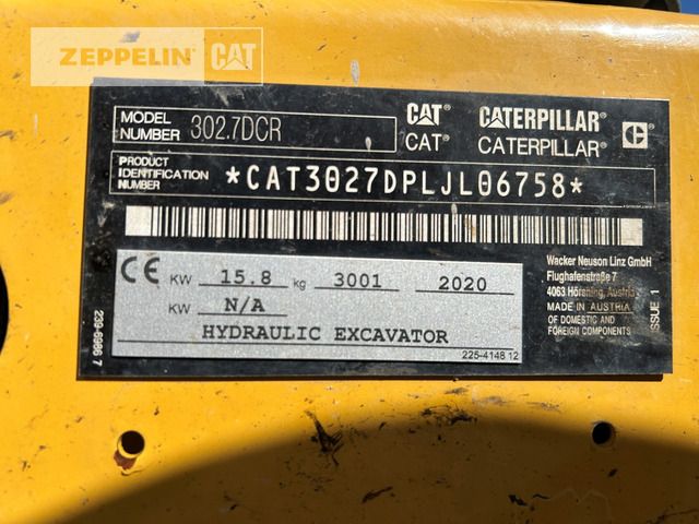 2020 Caterpillar 302.7DCR identification plate 2020 Caterpillar 302.7DCR identification plate