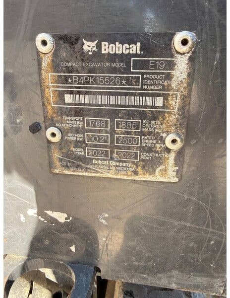 2022 Bobcat E19 Mini Excavator identification plate 2022 Bobcat E19 Mini Excavator identification plate