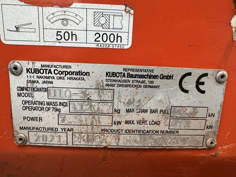2021 Kubota U10-3 mini excavator identification plate