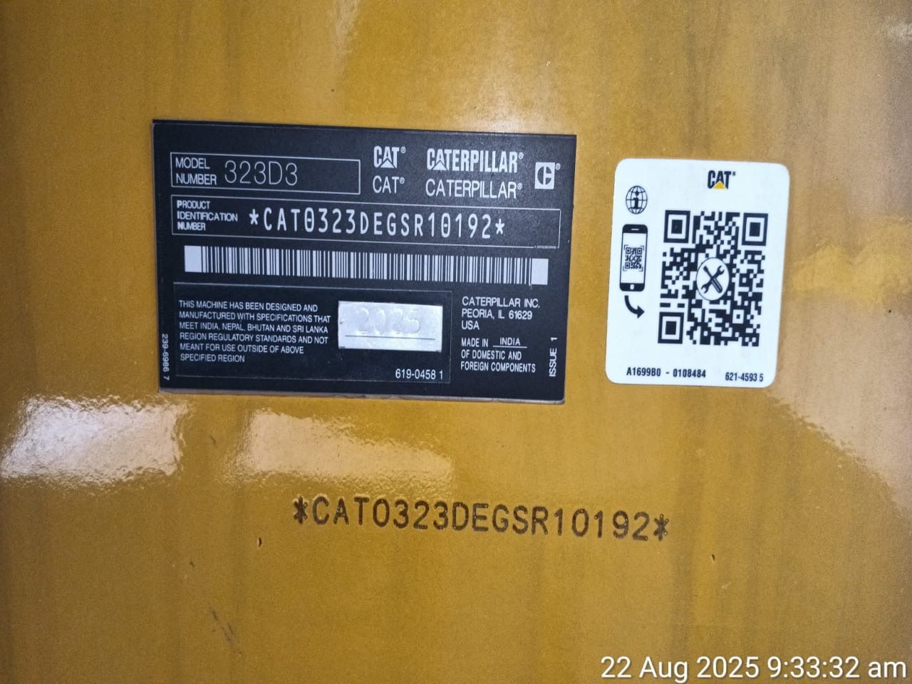 2025 Caterpillar 323D3 excavator identification plate 2025 Caterpillar 323D3 excavator identification plate