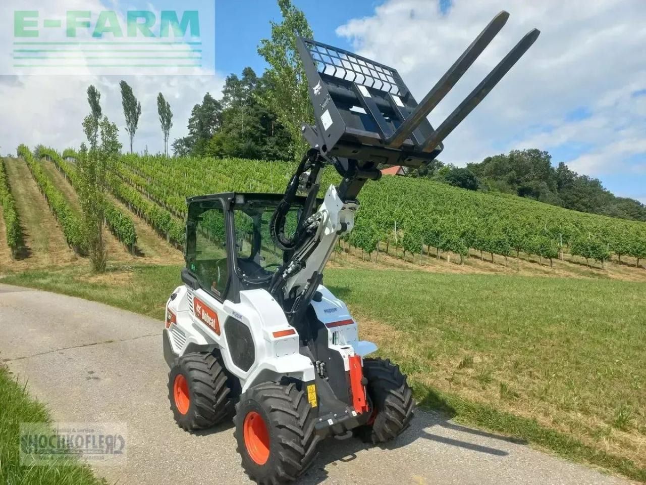 2022 Bobcat L28E mini excavator, front three-quarter view with pallet fork attachment 2022 Bobcat L28E mini excavator, front three-quarter view with pallet fork attachment