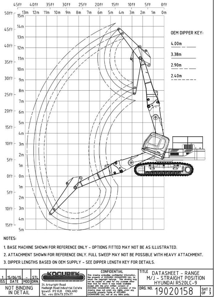 2016 Hyundai R520LC-9A crawler excavator range diagram