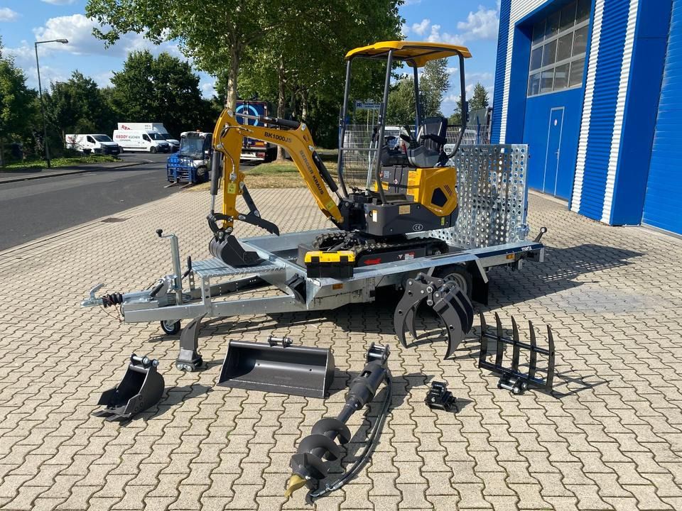 Berger Kraus BK1000JS mini excavator on trailer with attachments Berger Kraus BK1000JS mini excavator on trailer with attachments