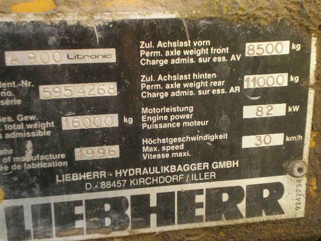 1996 Liebherr A900 Litronic identification plate 1996 Liebherr A900 Litronic identification plate