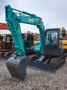 2024 Kobelco SK75 crawler excavator, front three-quarter view