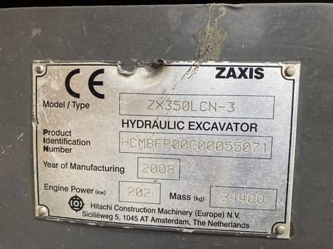 2008 Hitachi ZX350LCN-3 crawler excavator identification plate 2008 Hitachi ZX350LCN-3 crawler excavator identification plate