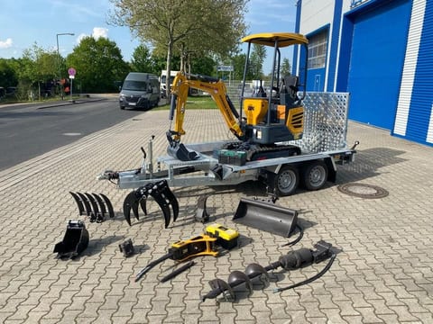 Berger Kraus BK1250JS mini excavator on trailer with attachments Berger Kraus BK1250JS mini excavator on trailer with attachments