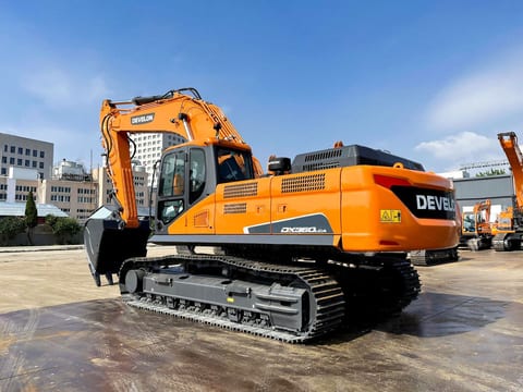 2026 Develon DX360LCA-7B crawler excavator, rear three-quarter view