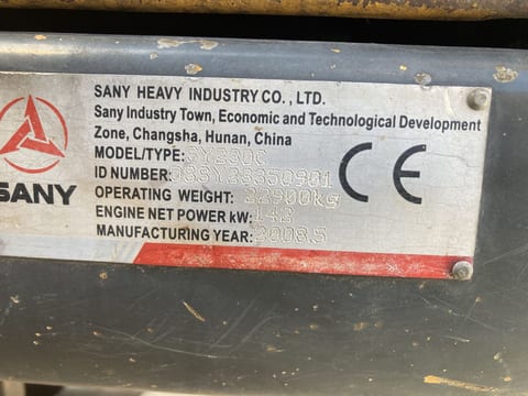 2008 Sany SY 230 C crawler excavator identification plate 2008 Sany SY 230 C crawler excavator identification plate