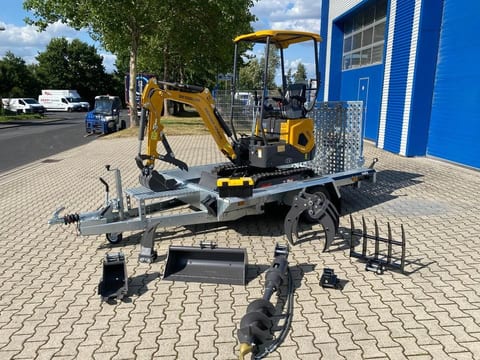 Berger Kraus BK1000JSR mini excavator on trailer with attachments Berger Kraus BK1000JSR mini excavator on trailer with attachments
