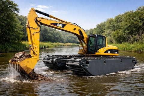 Escavadora anfíbia Caterpillar 320CL de 2019, vista lateral Escavadora anfíbia Caterpillar 320CL de 2019, vista lateral