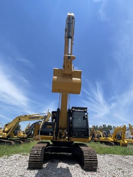 2023 Caterpillar 329D crawler excavator, front view with raised boom 2023 Caterpillar 329D crawler excavator, front view with raised boom