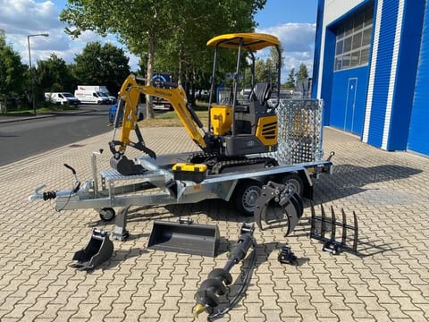 Berger Kraus BK1250JSR mini excavator on trailer with attachments Berger Kraus BK1250JSR mini excavator on trailer with attachments