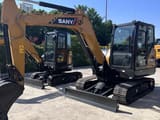 2026 Sany SY55U Mini Excavator from a side view, showcasing the full length of the boom and arm assembly.