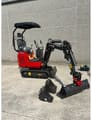 2025 Rhinoceros MY10-9 Mini Excavator with its red body, displaying multiple black digging buckets on the ground.